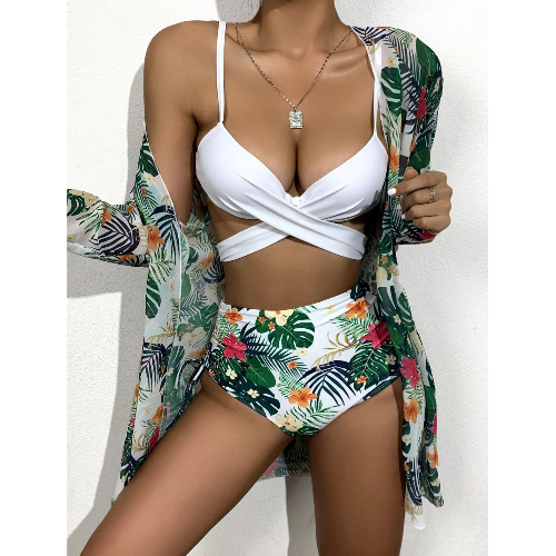 Womens Wrap Top Bikini High Waist Bottom Bathing Suit with Kimono Cardigan